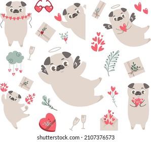 Collection of elements for valentine's day. Cute pug dogs are angels, hearts, gifts, flowers, champagne. Children's illustration and characters for postcard