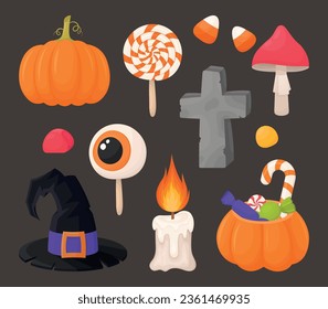 Collection of elements: yeball lollipop, candle with stone cross, pumpkin and witch hat and bones, pumpkin basket bag with candies, candy cane, caramel candy, candle. Halloween illustration set