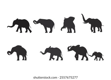 Collection of Elephant Silhouettes, Animal Icons, Wild Life, Forest Animals. silhouette of a baby elephant. World Elephant Day.