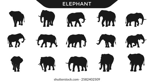 Collection of elephant silhouettes in various poses. Ideal for wildlife and nature-themed designs.