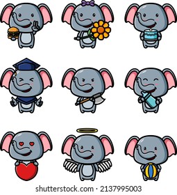 The collection of the elephant in the valentine days mascot bundle set of illustration