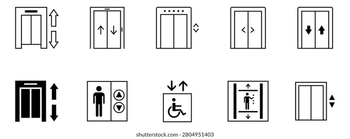 Collection of elevator icon set with black line icons. Elevator icon with up and down arrows. Elevator door icons set in various design. Vector illustration. 