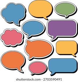A collection of eleven blank speech and thought bubbles in various shapes and solid colors including blue, yellow, green, purple, pink, and orange, each with a thick black outline and a subtle shadow 