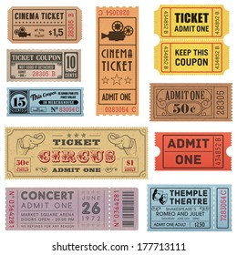 A collection of eleven vector grunted Tickets, Vector file is organized with layers, with every ticket divided into 3 layers, separating Background Shape from the texture effect and text.