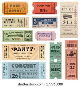 A Collection Of Eleven Vector Grunted Tickets, Vector File Is Organized With Layers, With Every Ticket Divided Into 3 Layers, Separating Background Shape From The Texture Effect And Text. 