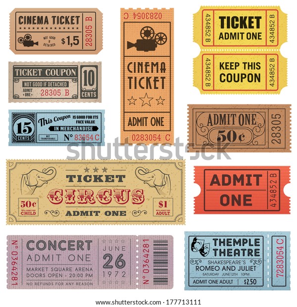 A collection of eleven vector grunted Tickets,\
Vector file is organized with layers, with every ticket divided\
into 3 layers, separating Background Shape from the texture effect\
and text.