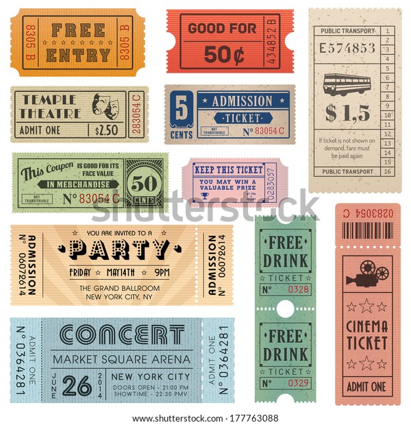 A collection of eleven vector grunted Tickets, Vector\
file is organized with layers, with every ticket divided into 3\
layers, separating Background Shape from the texture effect and\
text. 