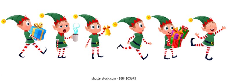 Collection of elves. Dwarf elves fun characters christmas little green helper.  Happy New Year, Merry Christmas and elves. Vector illustration
