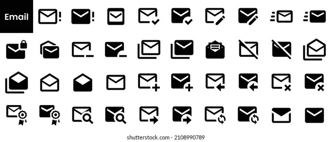 Collection of Email icons. Black flat icon set isolated on white Background