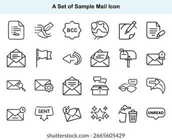 Colección de íconos de correo electrónico. Los iconos muestran funciones como enviar, recibir, borradores, Configuraciones y marcar. Los Elementos de estilo de línea proporcionan claridad visual, ideal para interfaces.