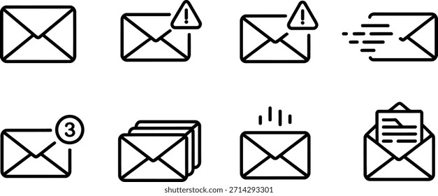 Colección de íconos de correo electrónico que muestran diferentes Estados y acciones