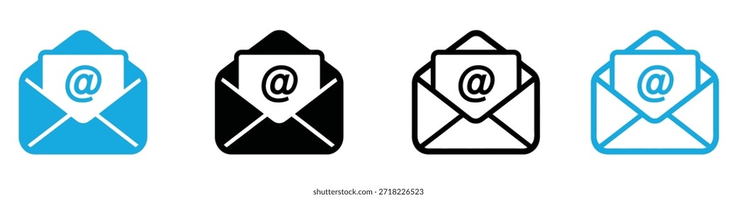 Colección de íconos de correo electrónico en varios estilos, incluidos sólidos y esquemas para la comunicación digital