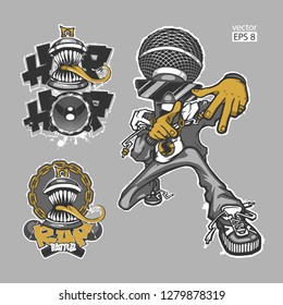 Colección de emblemas de la batalla de Hip Hop. Conjunto de logos vectoriales, insignias y adhesivos Hip Hop y Rap	