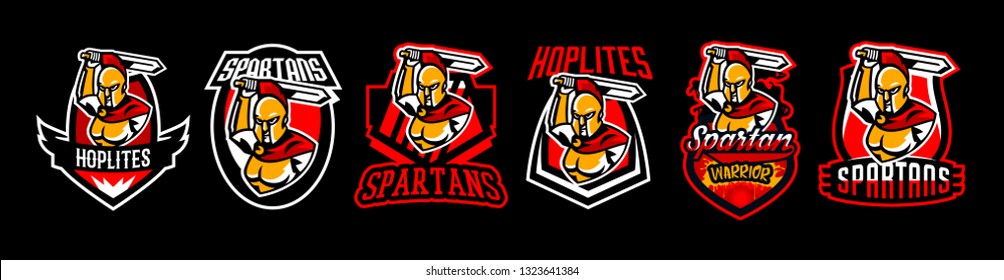A collection of emblems, logos, badges, a Spartan with a sword. Ancient Greek warrior, gold armor, hoplite, Corinthian helmet, soldier, shield. Vector illustration