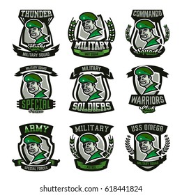 A collection of emblems, logos, military man.