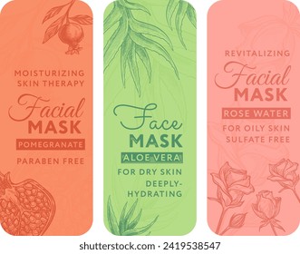 Colección de emblemas para cosméticos naturales para el cuidado facial de la piel. Tratamiento hidratante con granato de grano, mascarilla de aloe vera, agua rosada. Banner promocional o publicidad, etiqueta de producto. Vector de estilo plano