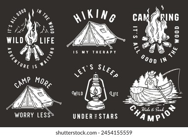 Collection of emblems showcasing various camping and outdoor adventure themes, including campfires, tents, hiking, canoeing. Set of t-shirt prints for travel and camp.