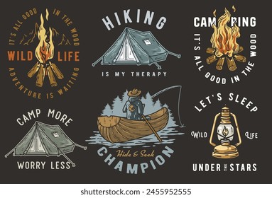 Collection of emblems showcasing various camping and outdoor adventure themes, including campfires, tents, hiking, canoeing. Set of t-shirt prints for travel and camp.