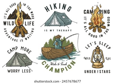 Collection of emblems showcasing various camping and outdoor adventure themes, including campfires, tents, hiking, canoeing. Set of t-shirt prints for travel and camp.