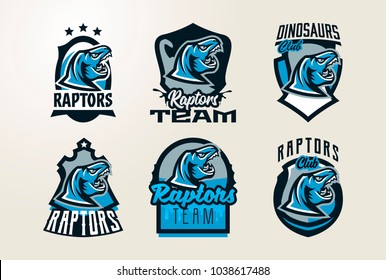 A collection of emblems, stickers, badges, logos of the dinosaurs head. Predator Jurassic, dangerous beast, extinct animal, jaw and sharp teeth. Lettering, shield, printing. Vector illustration