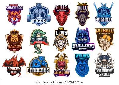 Collection of emblems of tiger, bulls, lion, alligator, samurai, bulldog, wolves, dragon, cerberus, skull. Colorful set, vector illustration svg