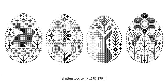 Colección de huevos de Pascua bordados sobre fondo blanco