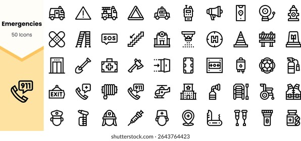 Collection of emergency icons, featuring vehicles, tools, and symbols, designed in a minimalistic style to convey urgency and safety.