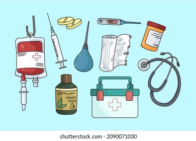 Collection of emergency medical tools for patient or victim. Set of ambulance medicine equipment, medication and drugs in hospital or clinic. Healthcare concept. Flat vector illustration. 