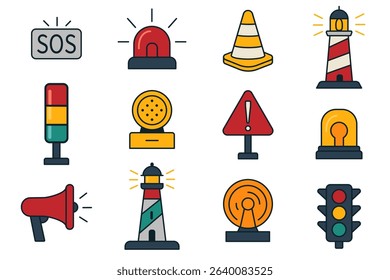 A collection of emergency and safety symbols including a lighthouse, traffic light, and warning signs. These symbols serve to alert and guide individuals in various situations.