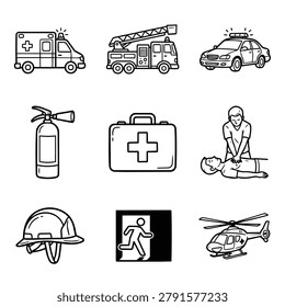 Collection of emergency services icons featuring ambulance fire truck police car first aid kit extinguisher and rescue helicopter