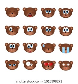 Collection of emoji bears. Animalistic cartoon smiley emoticon set. Vector illustration.