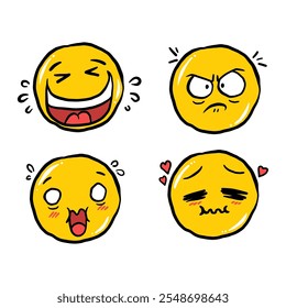Collection of emoji characters with funny facial expressions on white background. Vector illustration