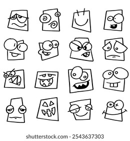 Collection of emoji faces and emoticons in square shape vector graphic format on white background. This collection represents a variety of emotions and expressions, perfect for digital design.