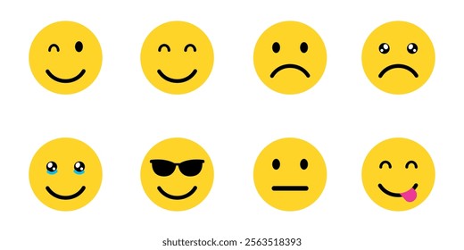 Collection of emoji vector icons showcasing various facial expressions, perfect for digital communication, apps, or social media themes.