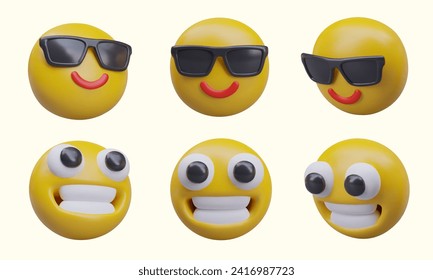 Collection with emojis in different positions. Smiling emoticon in glasses and yellow face with big smile. Vector illustration in 3d style on white background