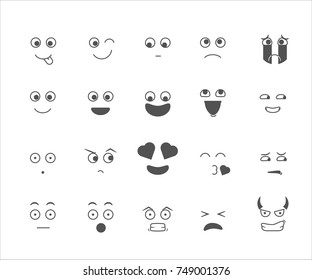 Collection of emoticon emoji cartoon facial expressions with mouth, eyes and eyebrows. Expressions like love, happiness, sadness, crying, naughty, disgusted, devil, surprised, sticking tongue out. 