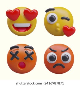 Collection with emoticon with heart eyes, kissing, red emoji with crossed eyes, and angry mad reaction. Concept of love, kiss, shock, and hate. Vector illustration in 3d style