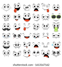 Collection of emoticons with different mood. Set of smile cartoon emoji faces in different expressions - happy, sad, cry, fear, crazy. On white background. EPS8