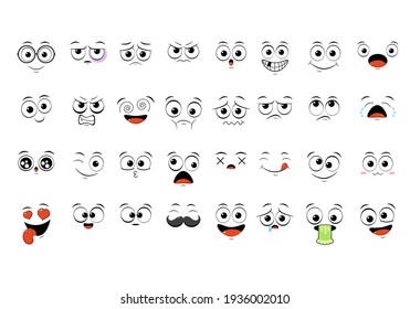 Collection of emoticons with different mood. Set of cartoon emoji faces in different expressions - happy, sad, cry, fear, crazy. On white background. EPS8