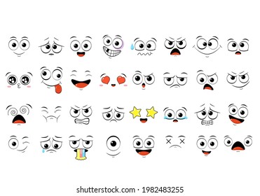 Sammlung von Emoticons mit unterschiedlicher Stimmung. Set von Cartoon Emoji Gesichter in verschiedenen Ausdrücken - glücklich, traurig, weinen, Angst, verrückt. Auf weißem Hintergrund. Vektorgrafik EPS8