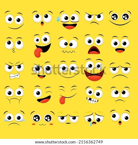 Collection of emoticons with different mood. Set of volumetric cartoon emoji faces in different expressions - happy, sad, cry, fear, crazy. On white background. Vector illustration EPS8