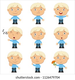 Collection of emoticons of funny boy with blond hair in different poses isolated on white background.