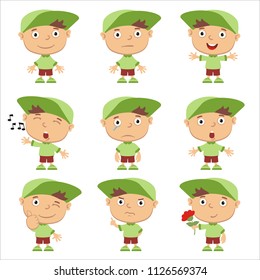 Collection of emoticons of funny boy in cap in different poses isolated on white background.