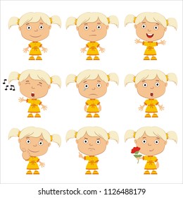 Collection of emoticons of funny girl with blonde hair isolated on white background.