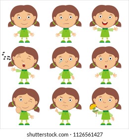 Collection of emoticons of funny girl in green dress isolated on white background.