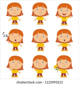 Collection of emoticons of funny girl with red hair in different poses isolated on white background.