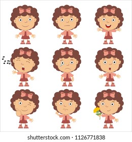 Collection of emoticons of little girl in different poses isolated on white background.