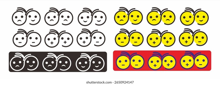 Collection of emotion symbol sets for men and women with various expressions of joy, sadness, smiles with various characters