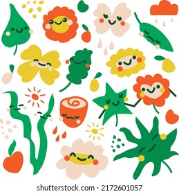 A collection of emotional flowers and leaves. Plant characters. Doodle style. Vector illustration