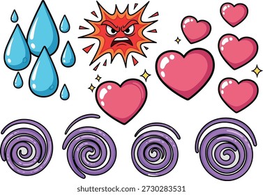 Colección de iconos emocionales con gotas de agua llorando cara enojada corazones rosados y remolinos hipnóticos morados